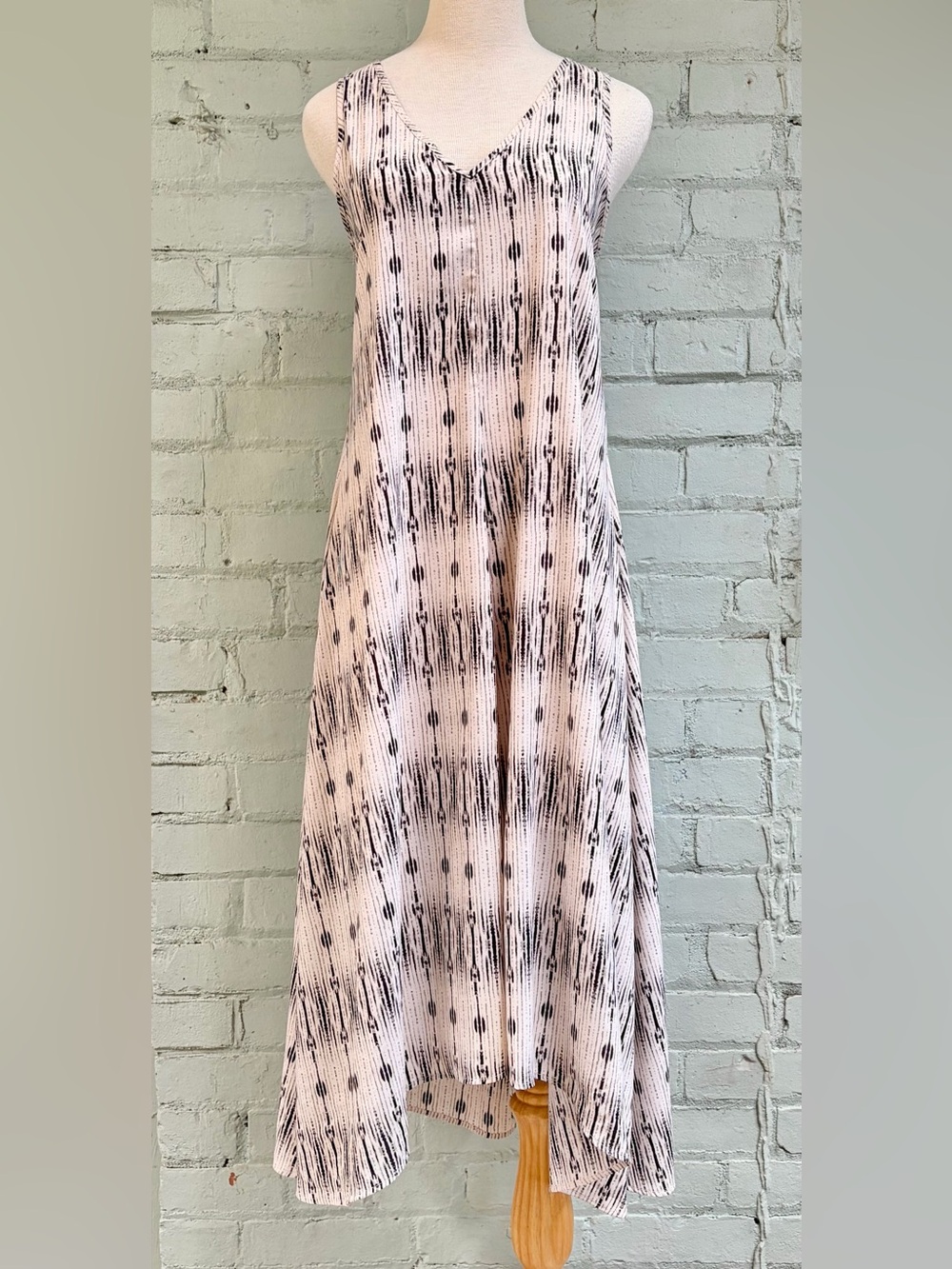 Sleeveless Stripe Midi Dress in Black and Cream with Asymmetrical Hem